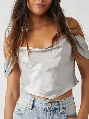 Free People Silver Satin Cowl Cold-Shoulder Crop Top